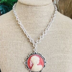 Elegant Silver and Faux Red Cameo Necklace